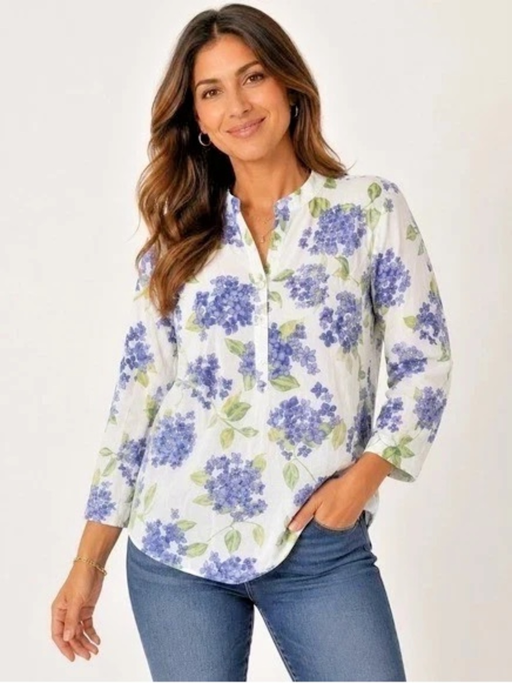 Talbots purple hydrangea floral popover blouse